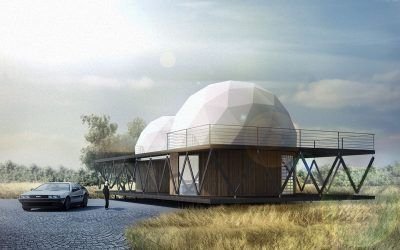 Prototype house with geodesic domes